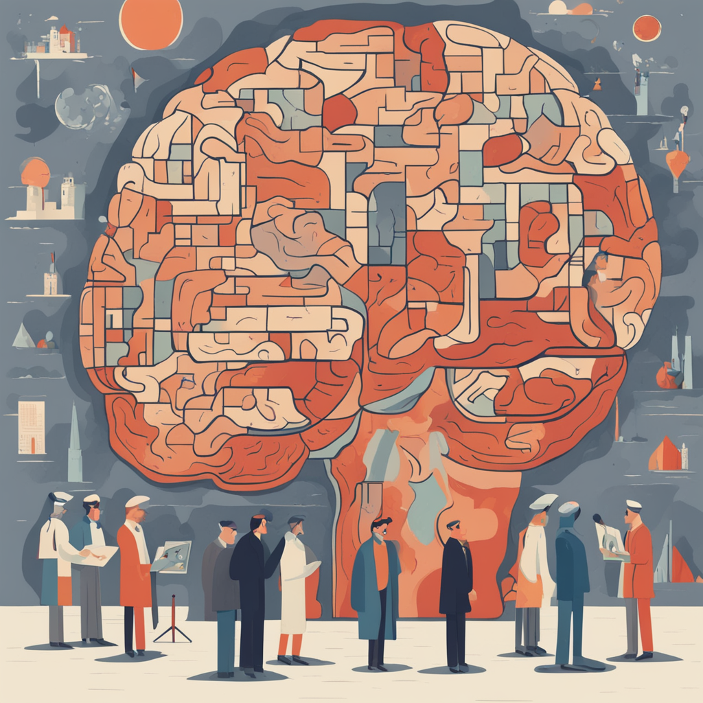 researches standing in front of a gigantic brain