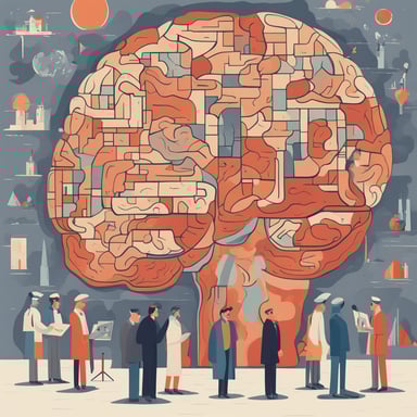 researches standing in front of a gigantic brain