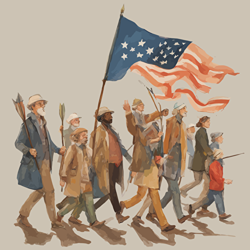 people marching with a man holding a flag with an arrow