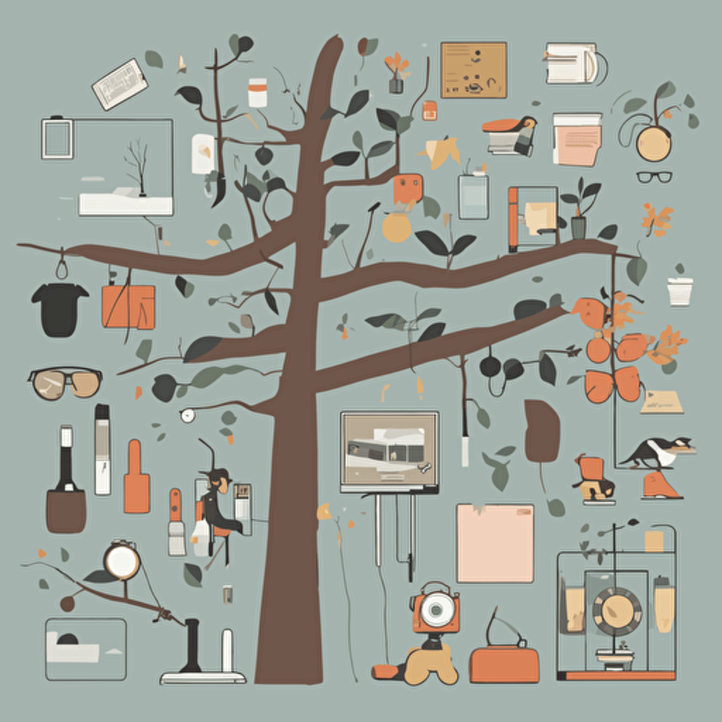 a tree with different objects in its branches