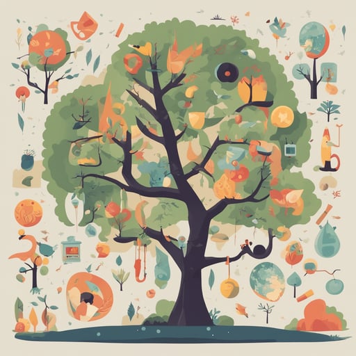 a tree with different objects in its branches