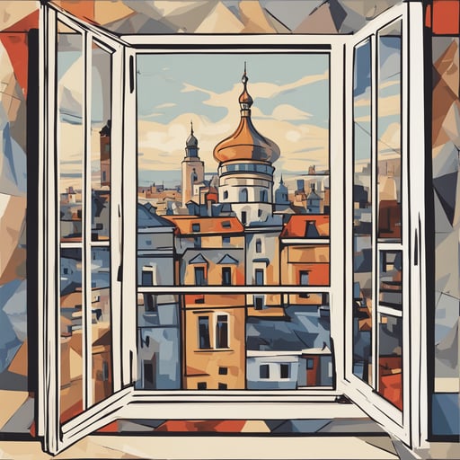 a window with a view of a city