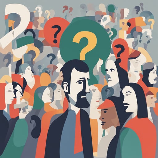 people pondering a question with question marks floating