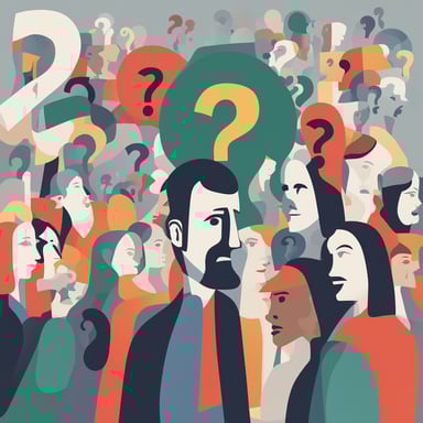 people pondering a question with question marks floating