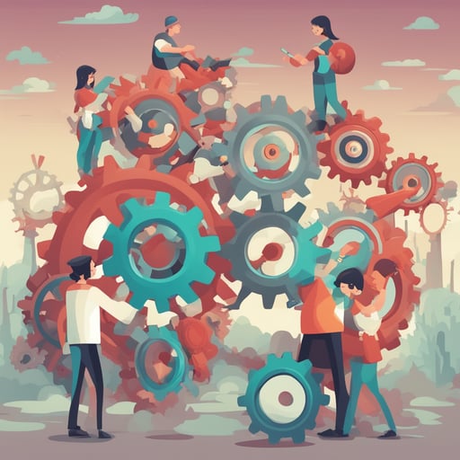 people working together to move cog wheels