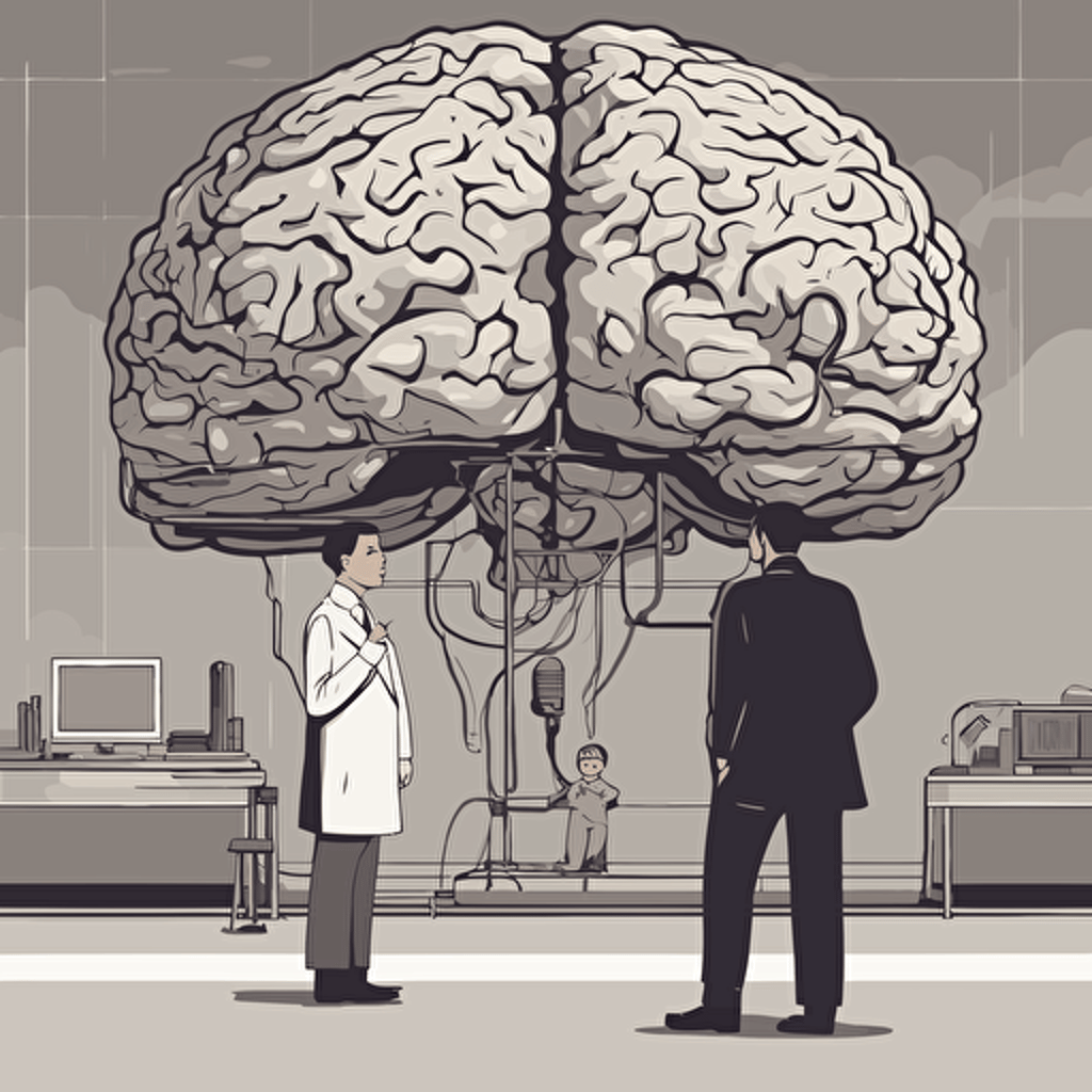 researches standing in front of a gigantic brain