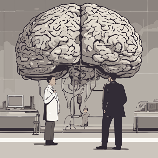 researches standing in front of a gigantic brain