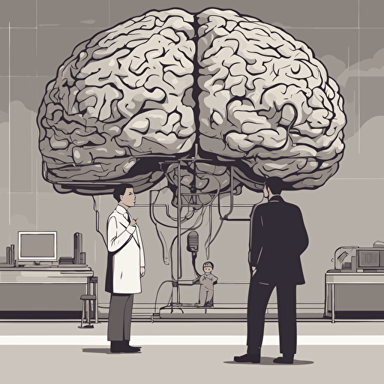 researches standing in front of a gigantic brain