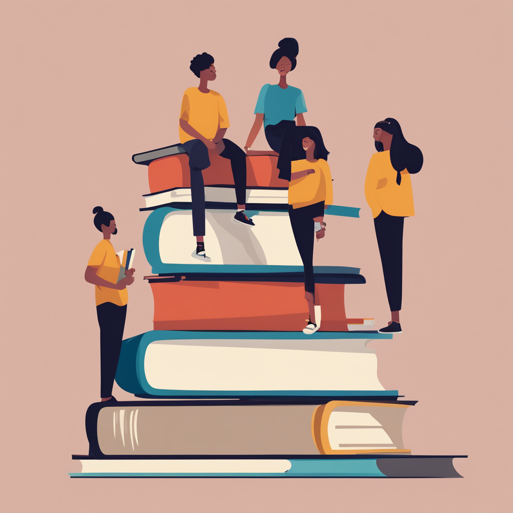 students standing on gigantic books