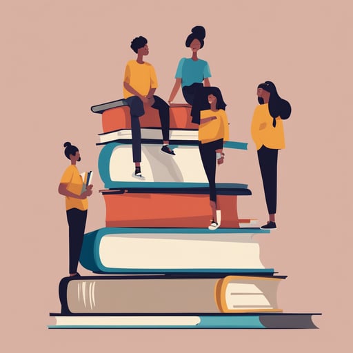 students standing on gigantic books