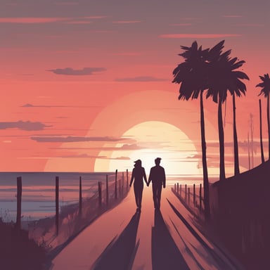 a couple walking together at the sunset