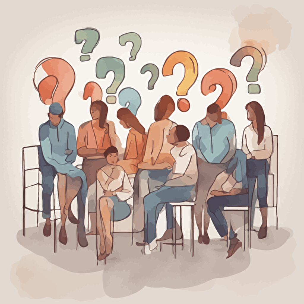 people pondering a question with question marks floating