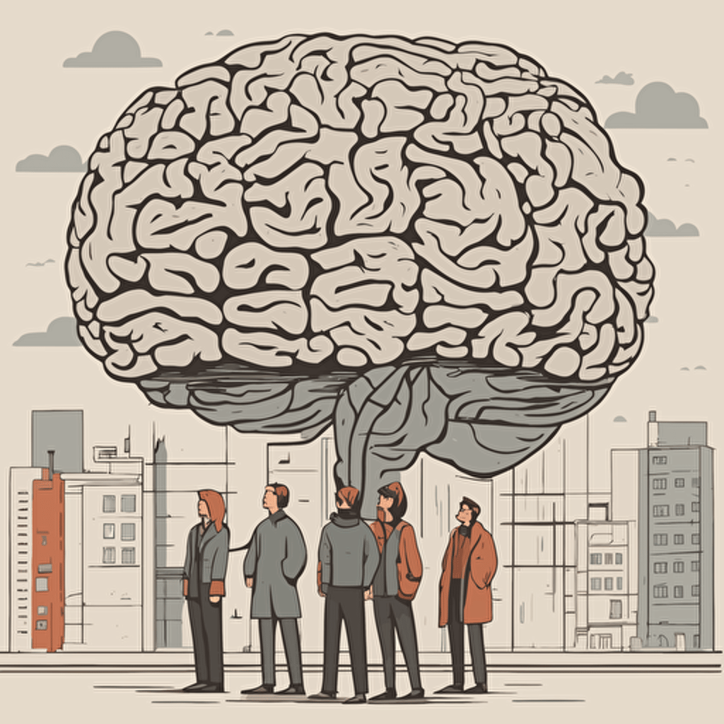 researches standing in front of a gigantic brain