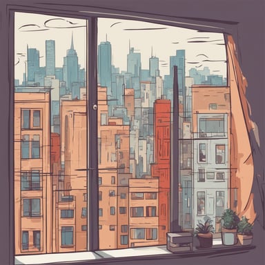 a window with a view of a city