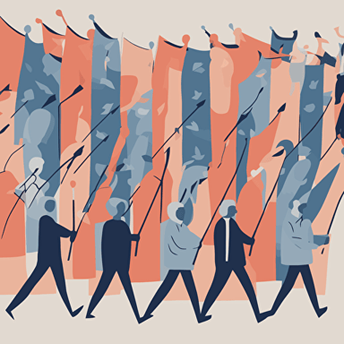 people marching with a man holding a flag with an arrow