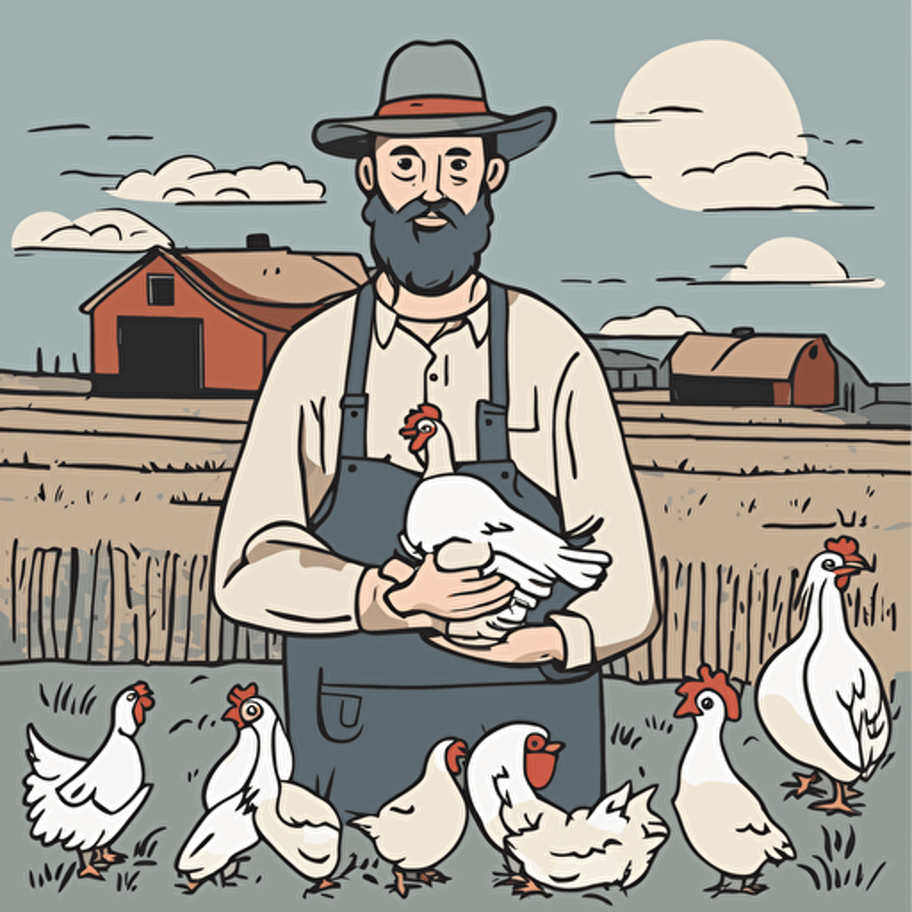 a farmer holding chickens and eggs