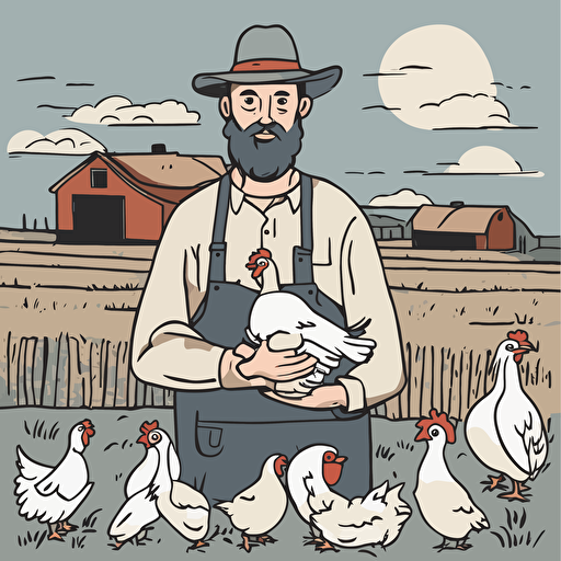 a farmer holding chickens and eggs