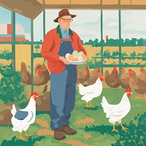 a farmer holding chickens and eggs