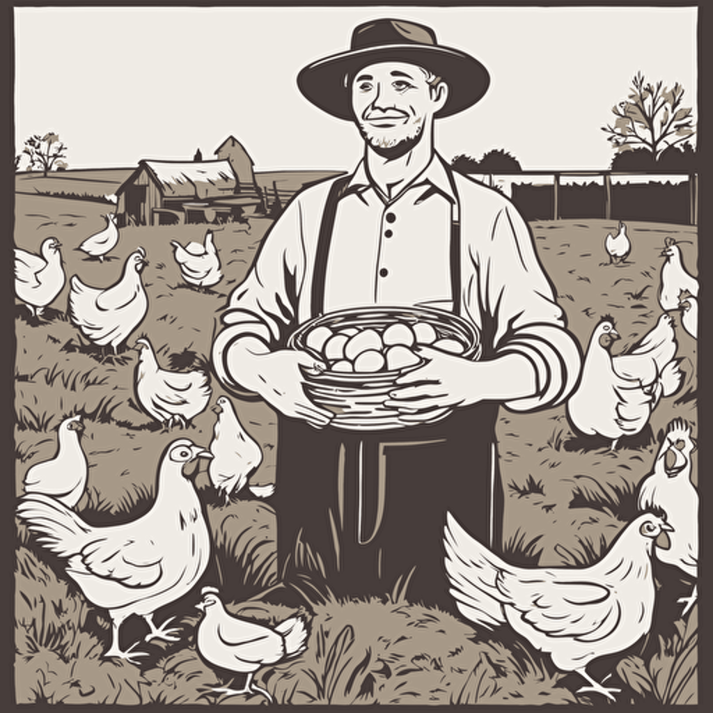 a farmer holding chickens and eggs