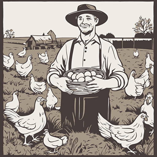 a farmer holding chickens and eggs