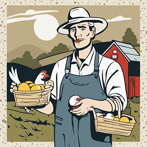 a farmer holding chickens and eggs
