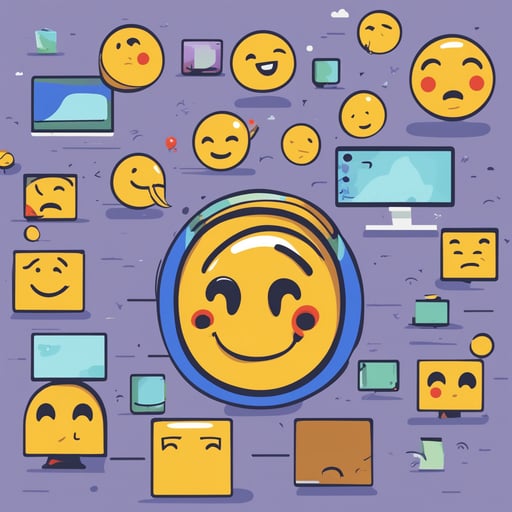 a computer screen with large emojis coming out of it