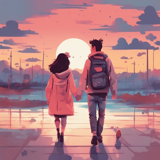 a couple walking together at the sunset
