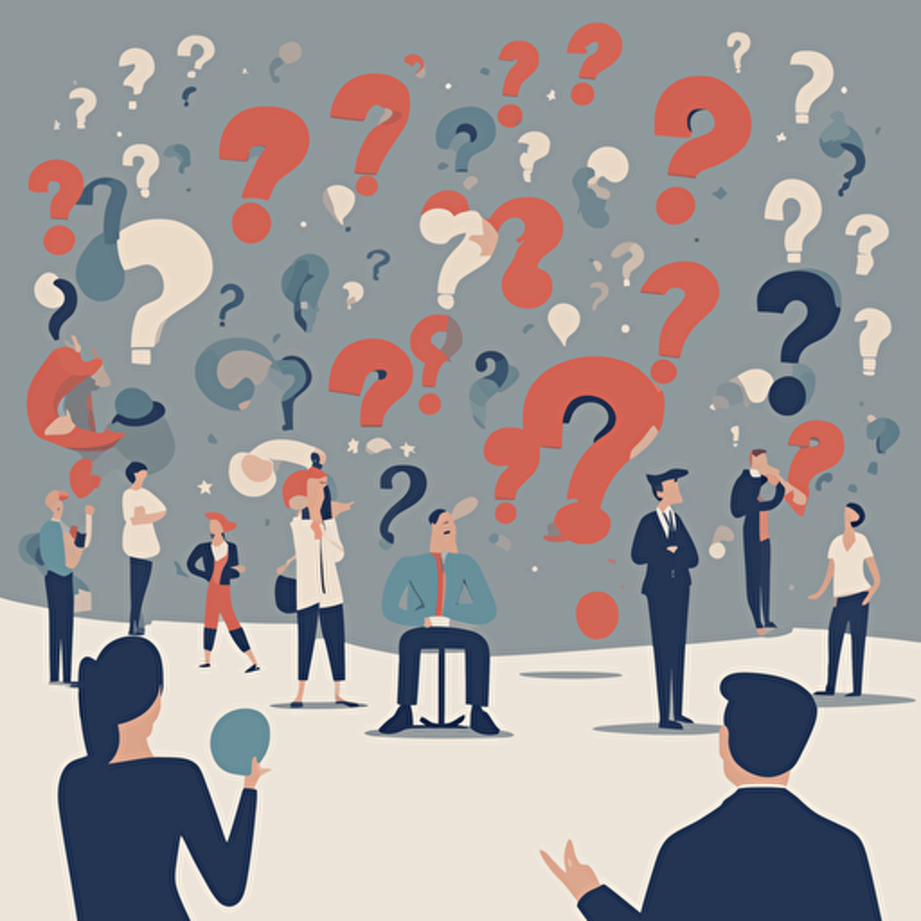 people pondering a question with question marks floating