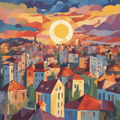 a sunsetting over a city