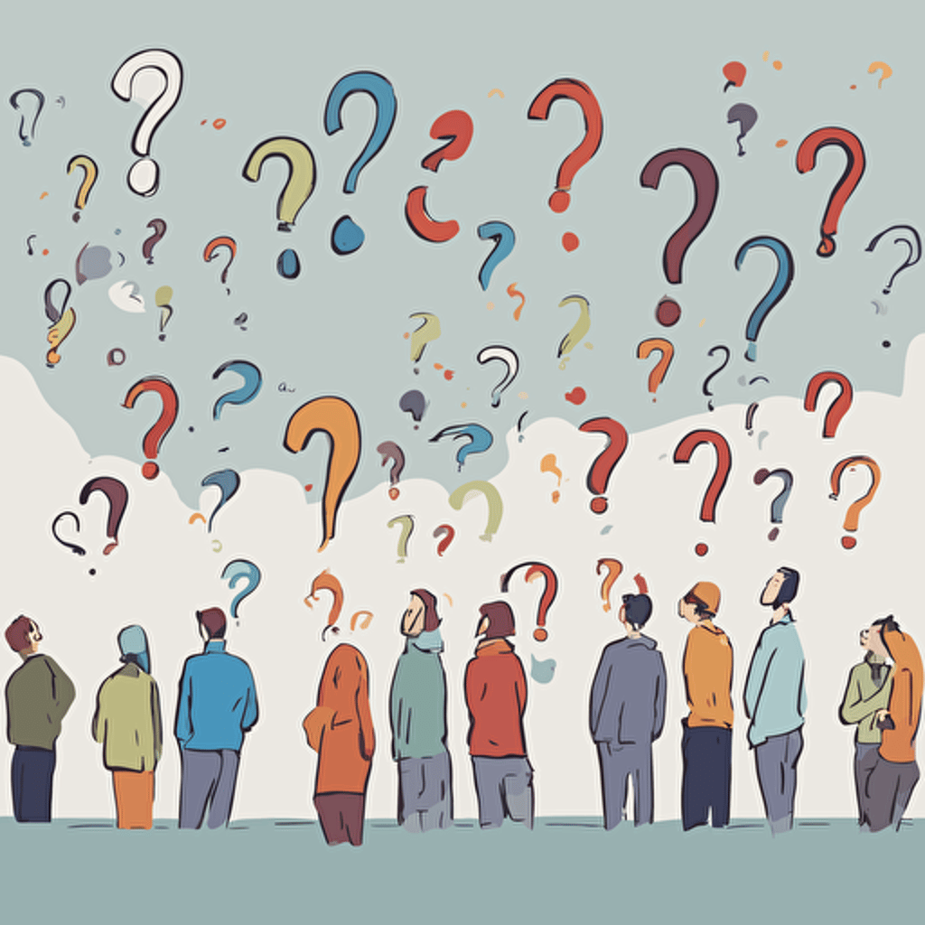 people pondering a question with question marks floating