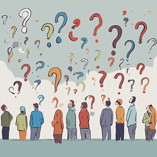 people pondering a question with question marks floating
