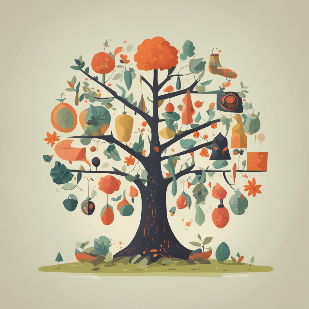 a tree with different objects in its branches