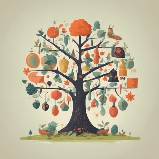 a tree with different objects in its branches