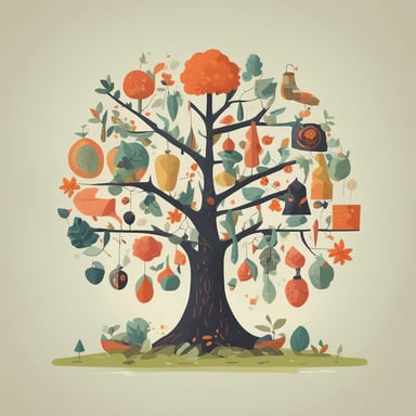 a tree with different objects in its branches