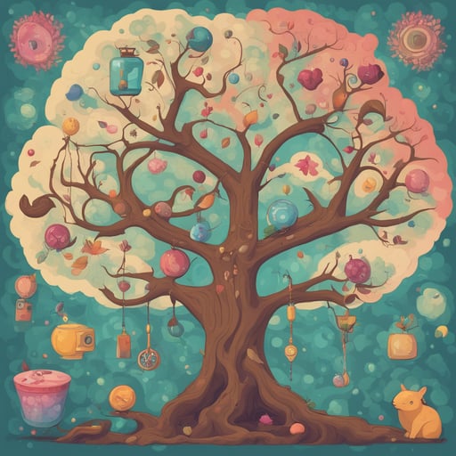 a tree with different objects in its branches