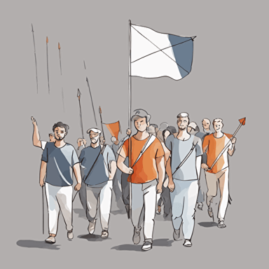 people marching with a man holding a flag with an arrow