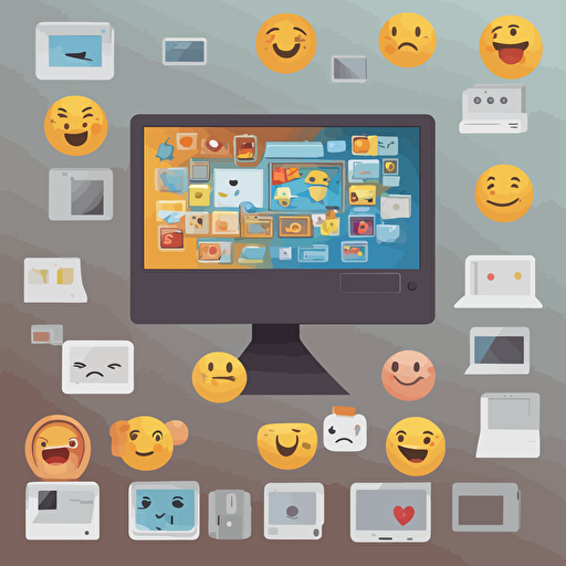 a computer screen with large emojis coming out of it