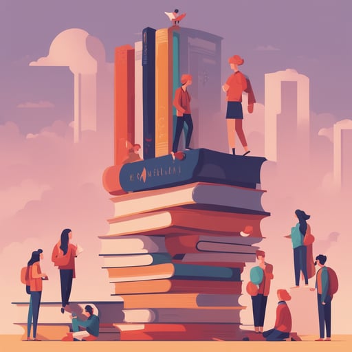 students standing on gigantic books