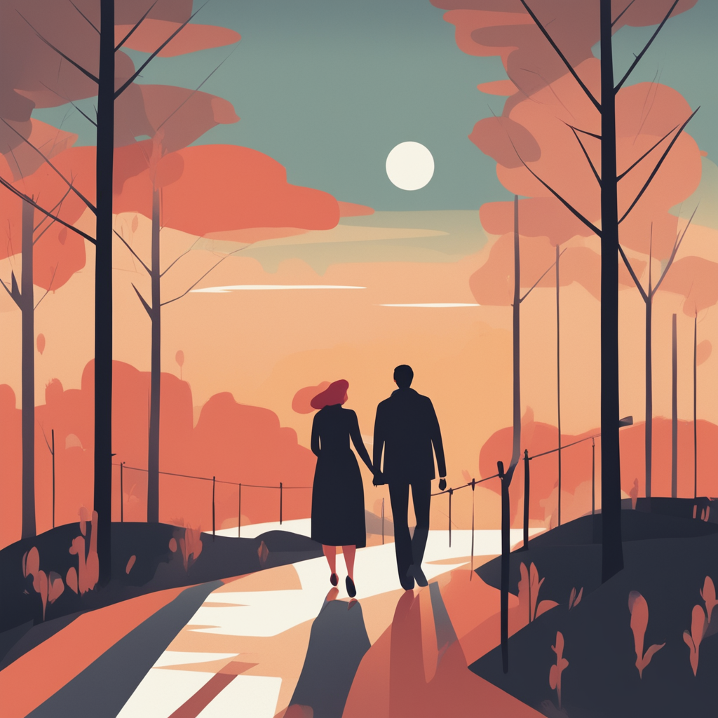 a couple walking together at the sunset