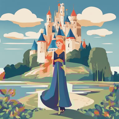 a princess standing in front of a castle