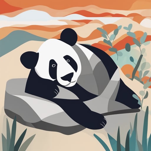 a panda sleeping on a rock