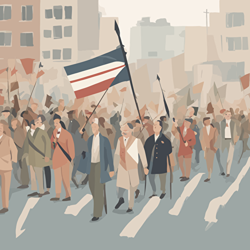 people marching with a man holding a flag with an arrow