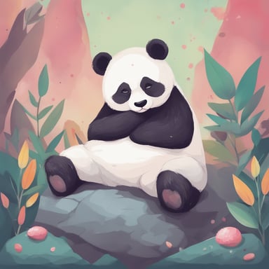 a panda sleeping on a rock