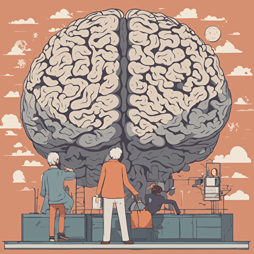 researches standing in front of a gigantic brain