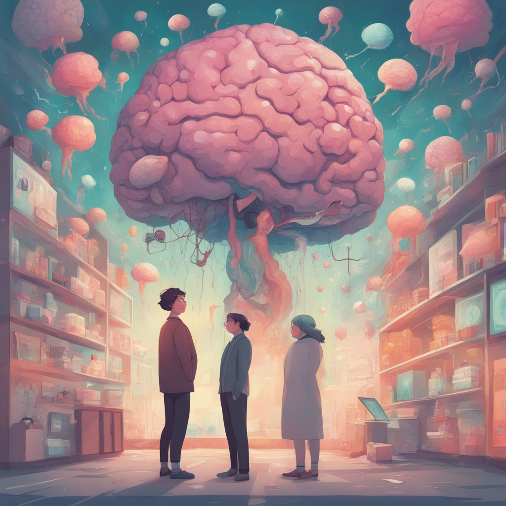 researches standing in front of a gigantic brain