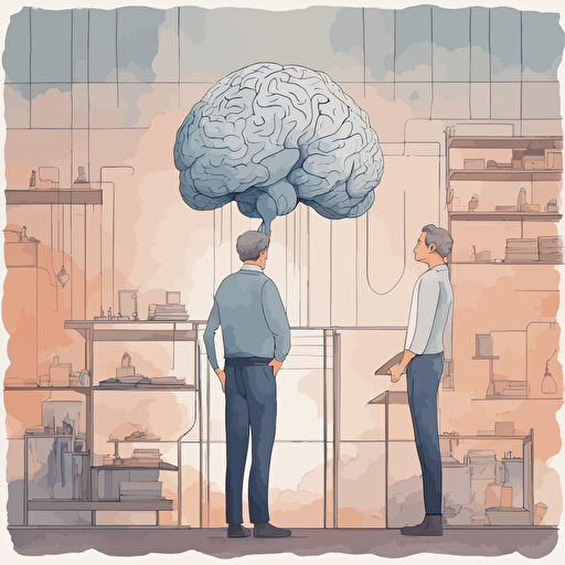 researches standing in front of a gigantic brain