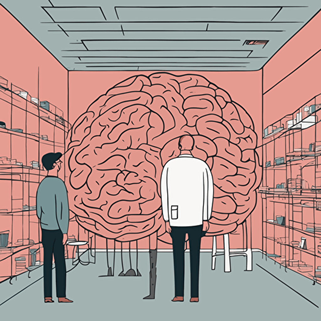 researches standing in front of a gigantic brain