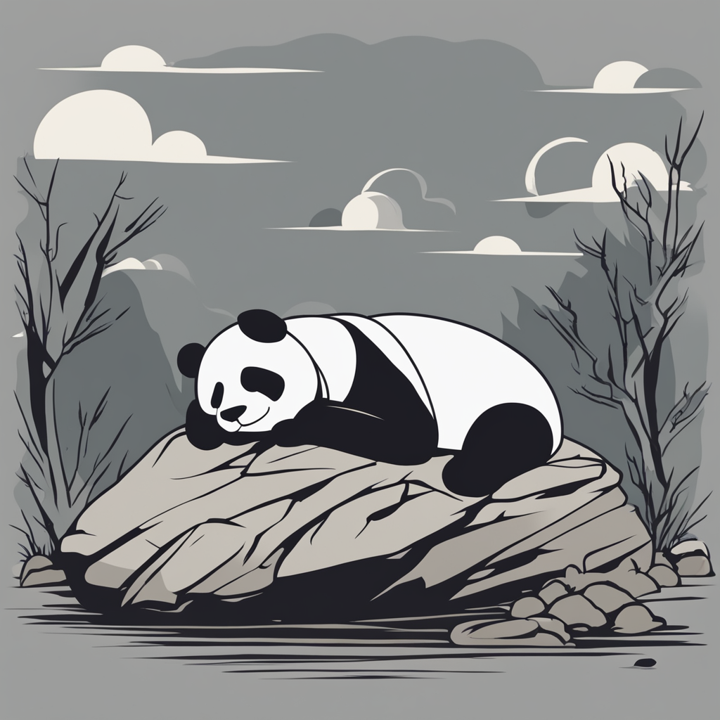 a panda sleeping on a rock