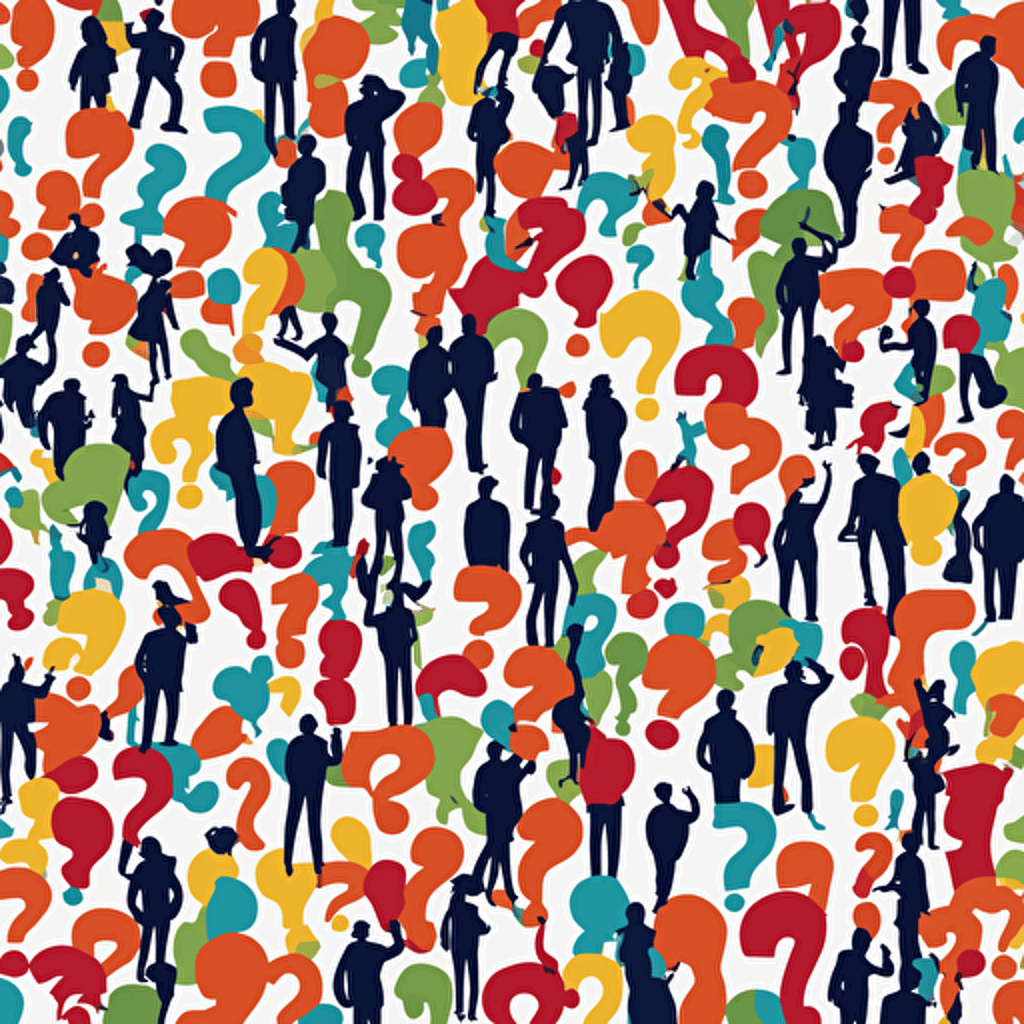 people pondering a question with question marks floating