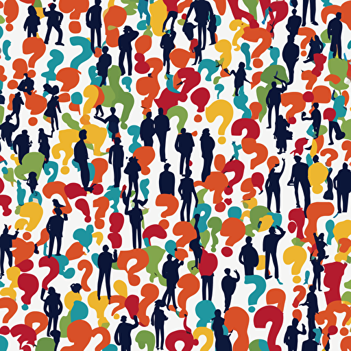 people pondering a question with question marks floating